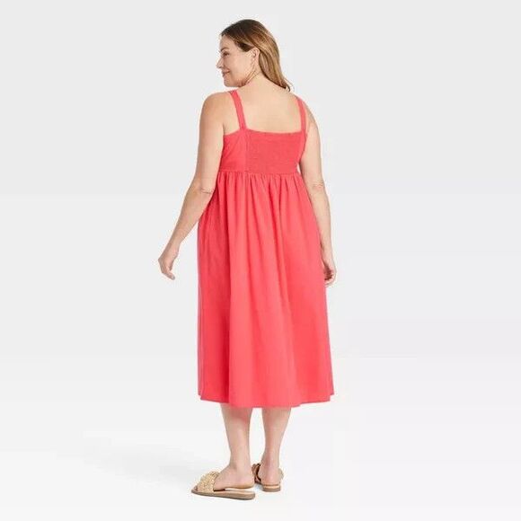 Ava & Viv Women's Midi Empire Waist Dress Coral Red 1X Pockets, Adj Straps NWT - Picture 3 of 3